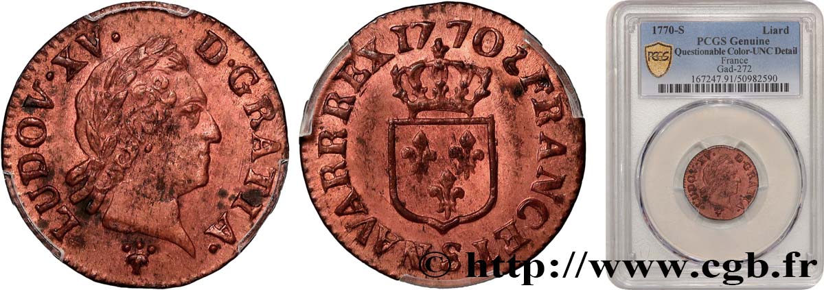 LOUIS XV DIT LE BIEN AIMÉ Liard dit  à la vieille tête  1770 Reims SUP