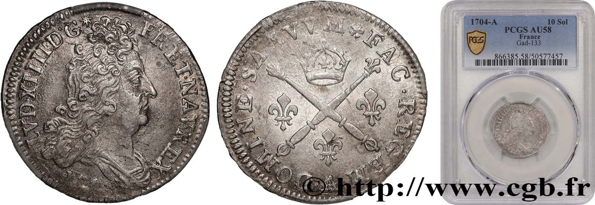 LOUIS XIV LE GRAND OU LE ROI SOLEIL 10 sols aux insignes 1704 Paris SUP58