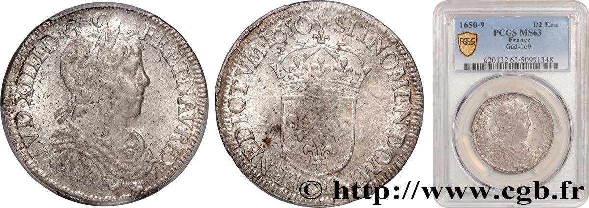 LOUIS XIV LE GRAND OU LE ROI SOLEIL Demi-écu, portrait à la mèche longue 1650 Rennes SPL63