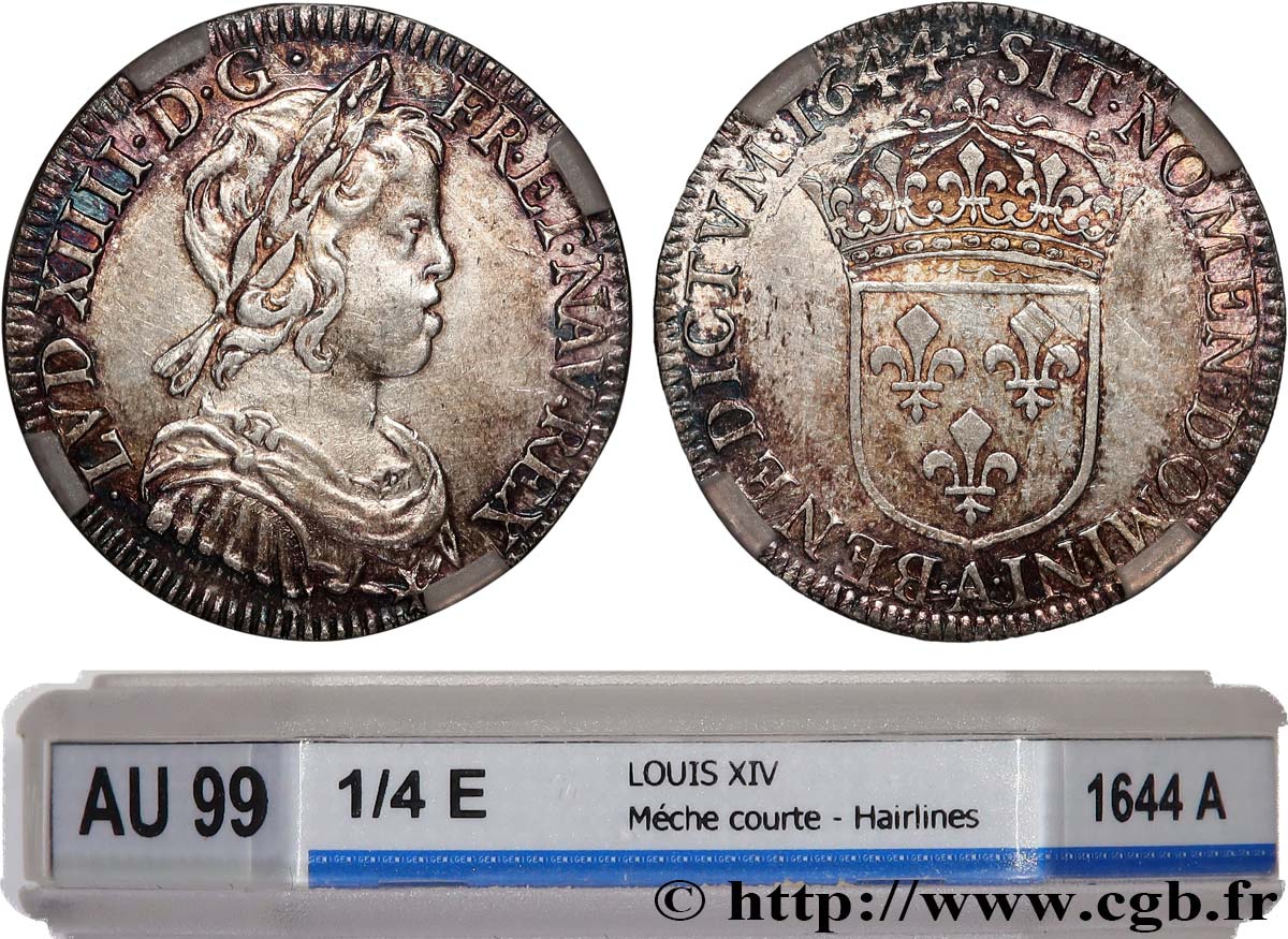 LOUIS XIV  THE SUN KING  Quart d écu, portrait à la mèche courte 1644 Paris, Monnaie du Louvre AU