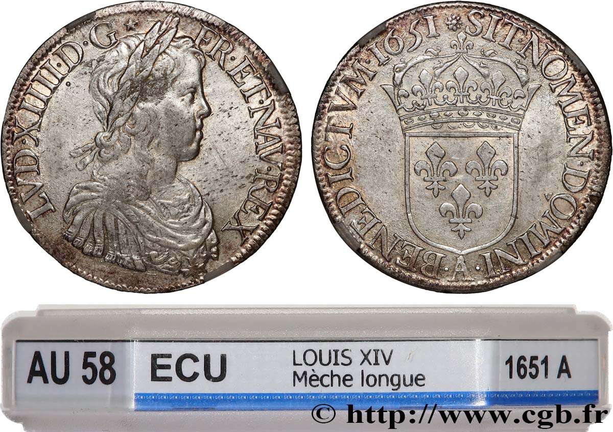 LOUIS XIV  THE SUN KING  Écu, portrait à la mèche longue 1651 Paris AU58