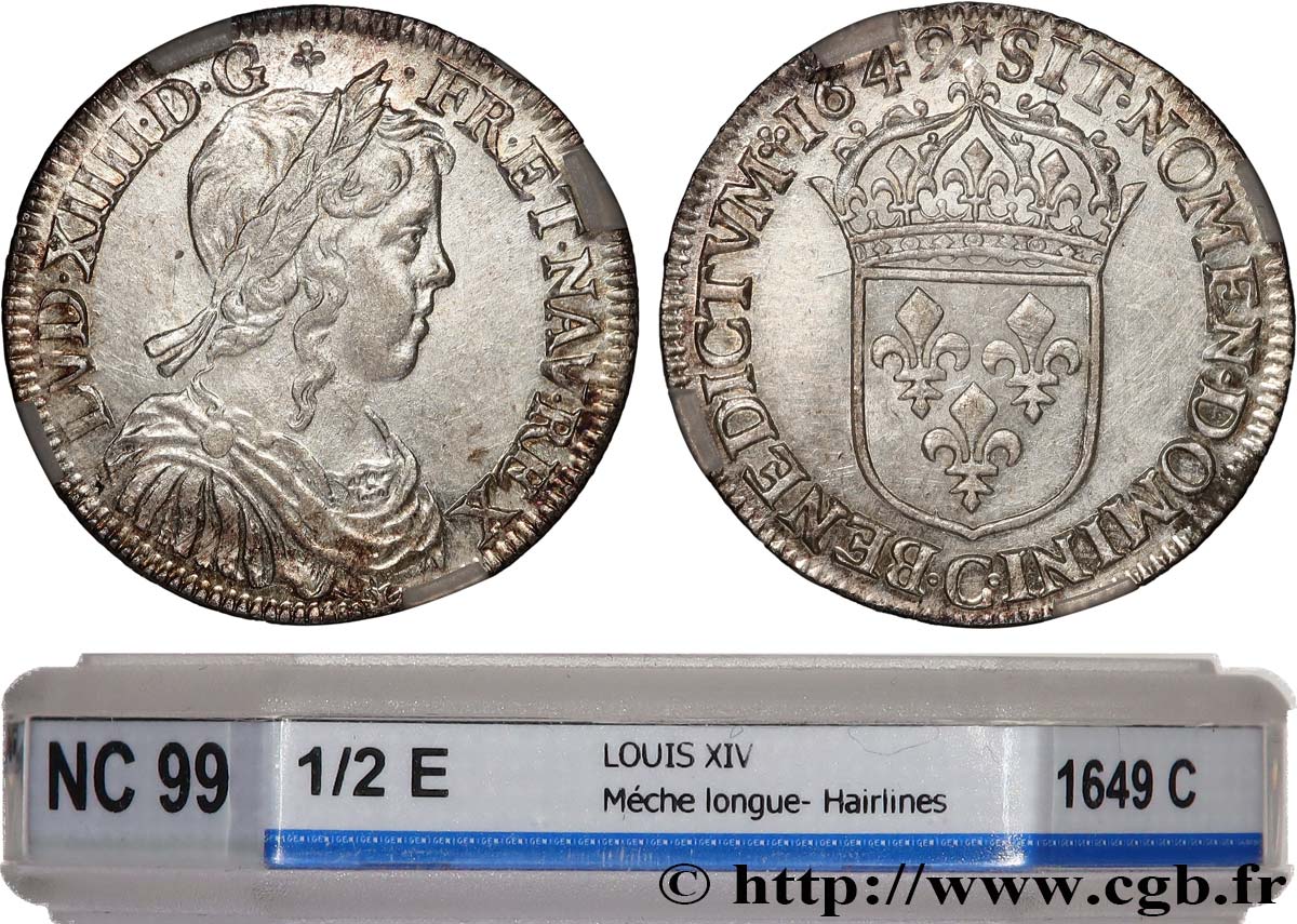 LOUIS XIV  THE SUN KING  Demi-écu, portrait à la mèche longue 1649 Saint-Lô fST