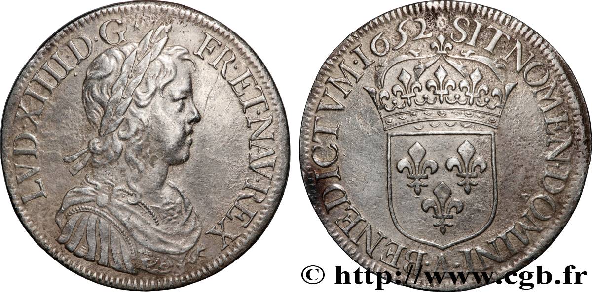 LOUIS XIV LE GRAND OU LE ROI SOLEIL Écu, portrait à la mèche longue 1652 Paris TTB/TTB+