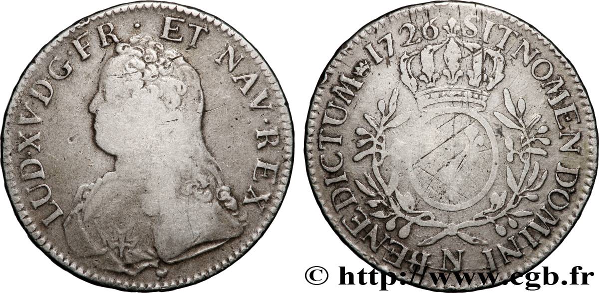 LOUIS XV  THE WELL-BELOVED  Écu aux branches d olivier, buste habillé 1726 Montpellier VF