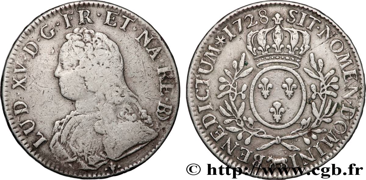 LOUIS XV  THE WELL-BELOVED  Écu aux branches d olivier, buste habillé 1728 Pau VF/XF