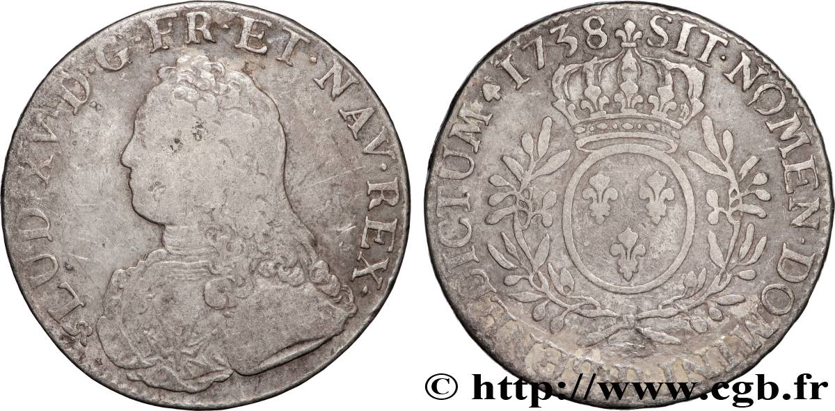 LOUIS XV  THE WELL-BELOVED  Écu aux branches d olivier, buste habillé 1738 Rouen VF