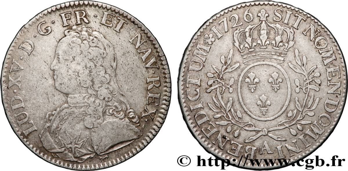 LOUIS XV THE BELOVED Écu aux branches d olivier, buste habillé 1726 Paris VF/XF