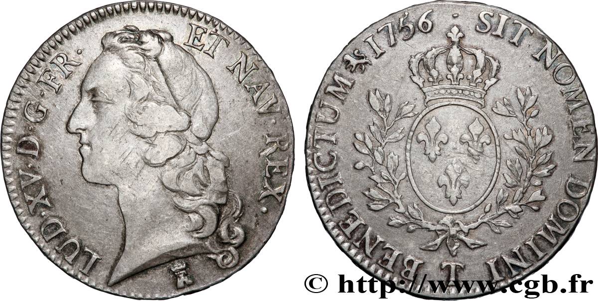 LOUIS XV DIT LE BIEN AIMÉ Écu aux branches d’olivier, tête ceinte d’un bandeau 1756 Nantes TTB