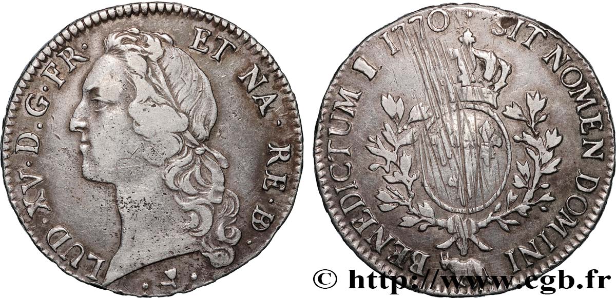 LOUIS XV DIT LE BIEN AIMÉ Écu aux branches d’olivier, tête ceinte d’un bandeau 1770 Pau TB+