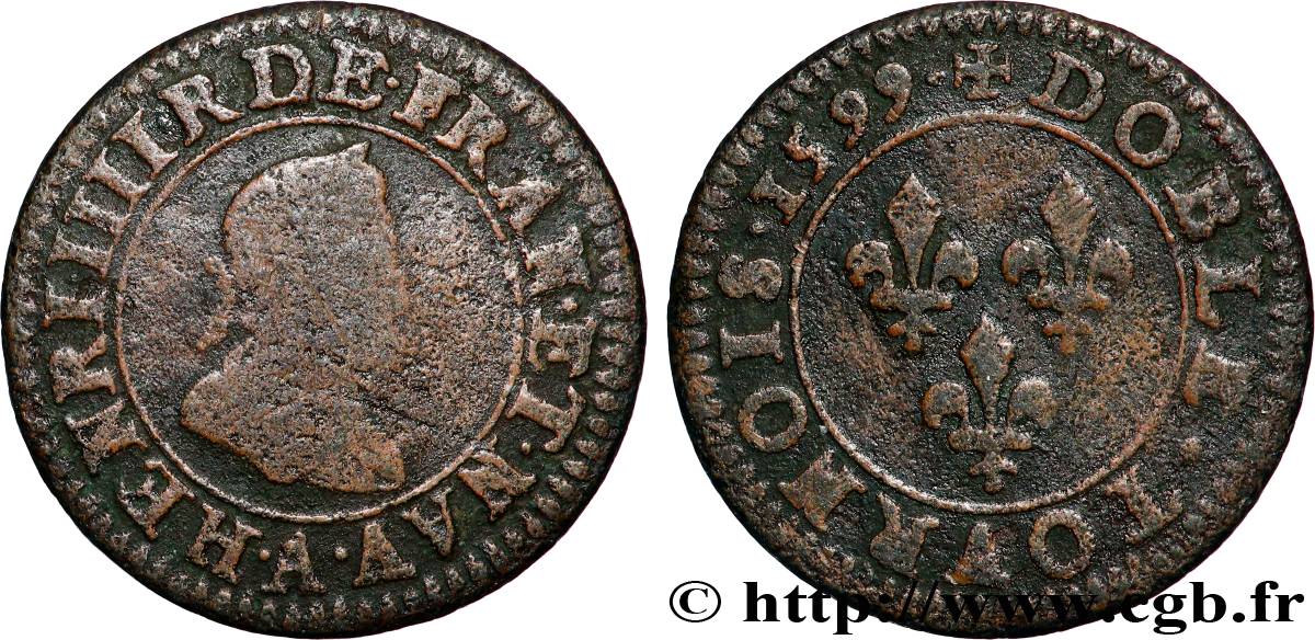 HENRI IV LE GRAND Double tournois, type 2, légende fautée (DOBLE) 1599 Paris, Moulin des Étuves TB+