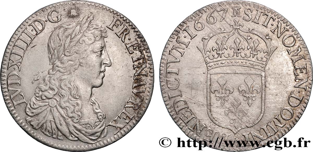 LOUIS XIV LE GRAND OU LE ROI SOLEIL Demi-écu, portrait apollinien 1667 Paris SUP