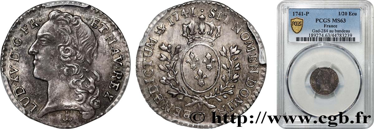 LOUIS XV THE BELOVED Vingtième d écu aux branches d’olivier, tête ceinte d’un bandeau 1741 Dijon MS63