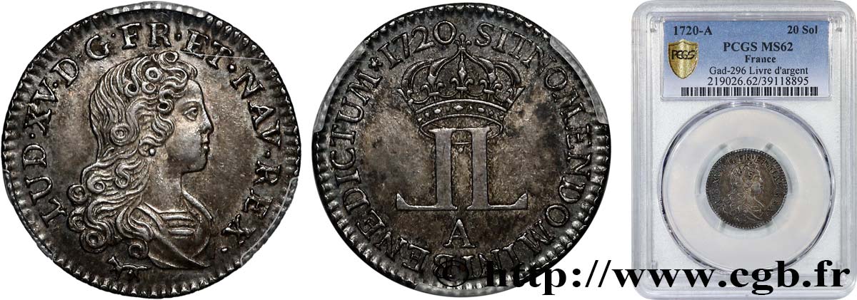 LOUIS XV &nbsp;THE WELL-BELOVED&nbsp; Livre d&nbsp;argent dite &nbsp;de la Compagnie des Indes&nbsp; 1720 Paris EBC62