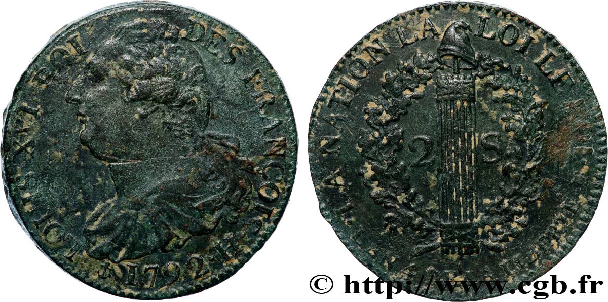 LOUIS XVI (MONARQUE CONSTITUTIONNEL)  2 sols dit &nbsp;au faisceau&nbsp;, type FRANÇOIS 1792 La Rochelle TTB+