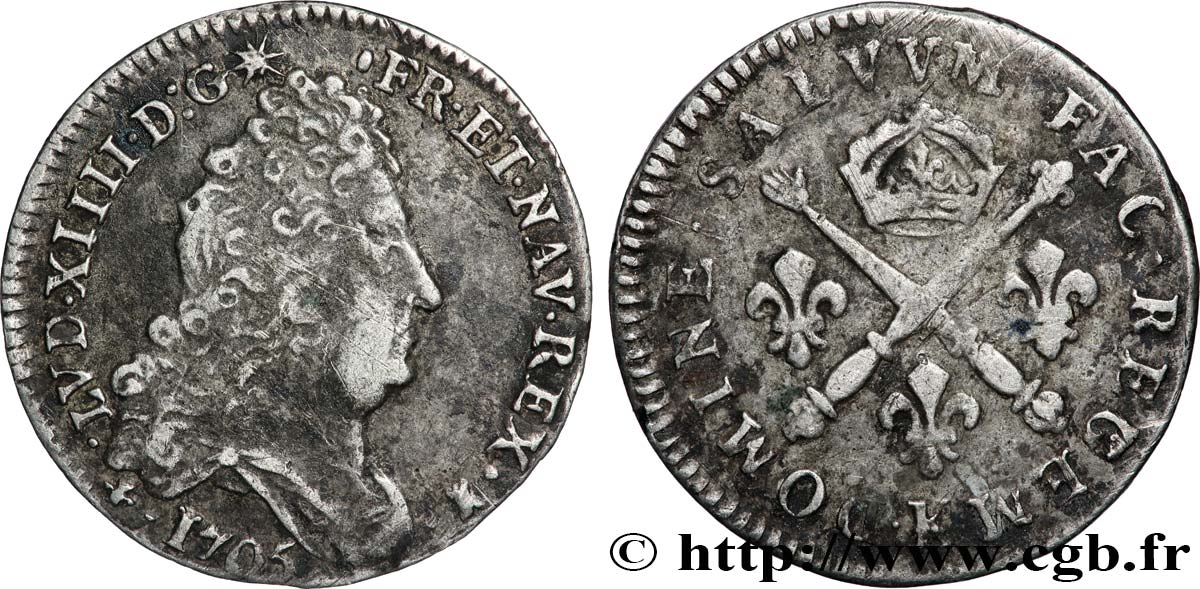 LOUIS XIV LE GRAND OU LE ROI SOLEIL 10 sols aux insignes 1705 Bordeaux TTB