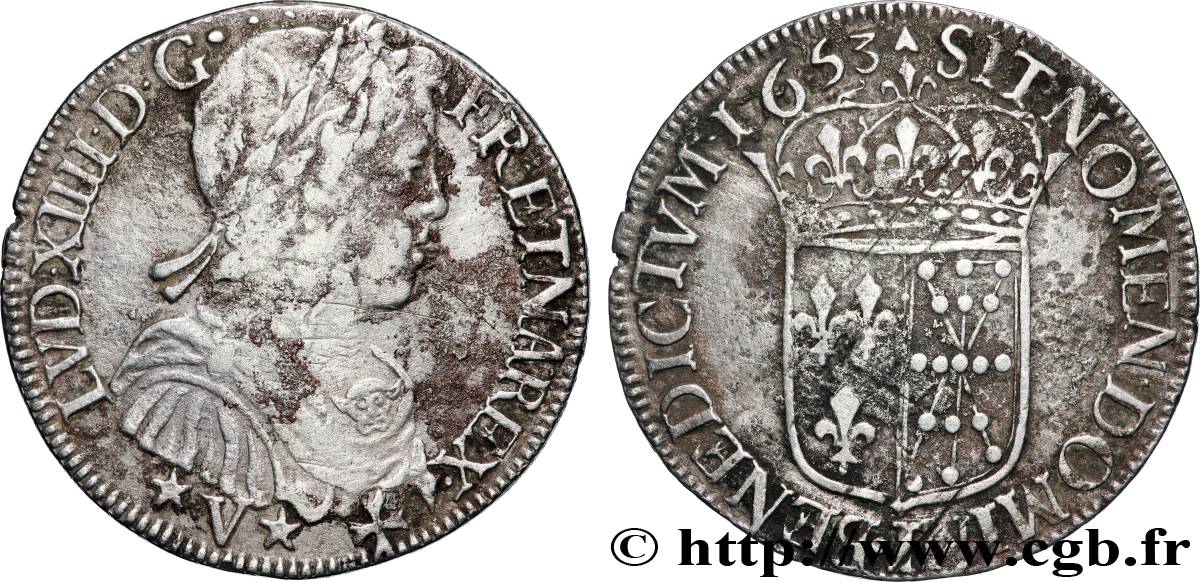 LOUIS XIV  THE SUN KING  Demi-écu de Navarre, portrait à la mèche longue 1653 Saint-Palais VF/XF