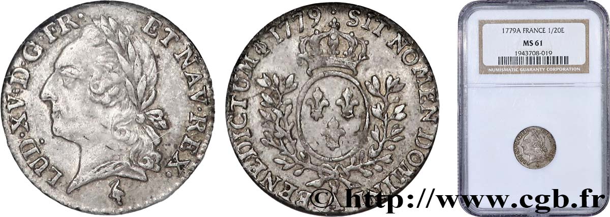 LOUIS XVI Vingtième d écu aux branches d olivier, buste lauré 1779 Paris MS61