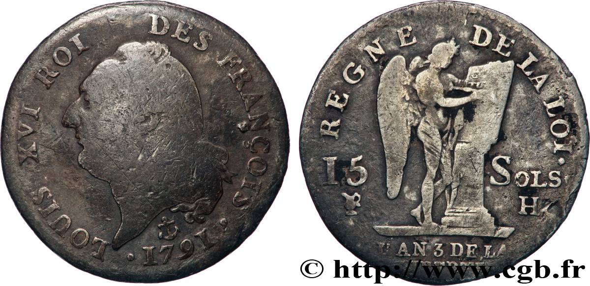 LOUIS XVI (MONARQUE CONSTITUTIONNEL)  15 sols dit &nbsp;au génie&nbsp;, type FRANÇOIS 1791 La Rochelle TB