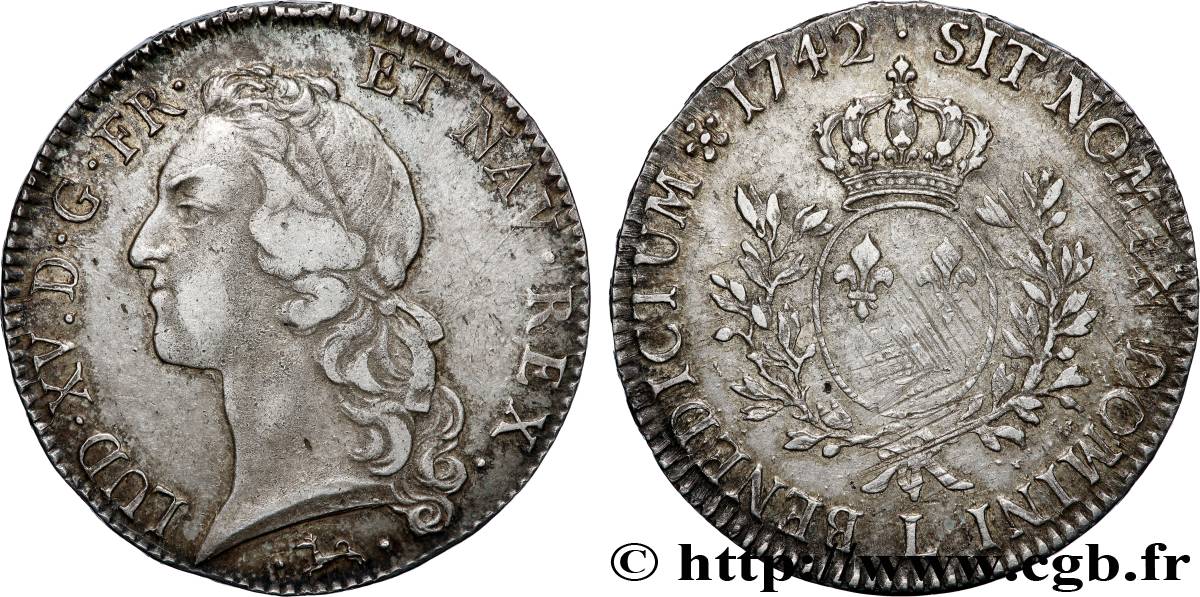 LOUIS XV &nbsp;THE WELL-BELOVED&nbsp; Écu aux branches d’olivier, tête ceinte d’un bandeau 1742 Bayonne XF