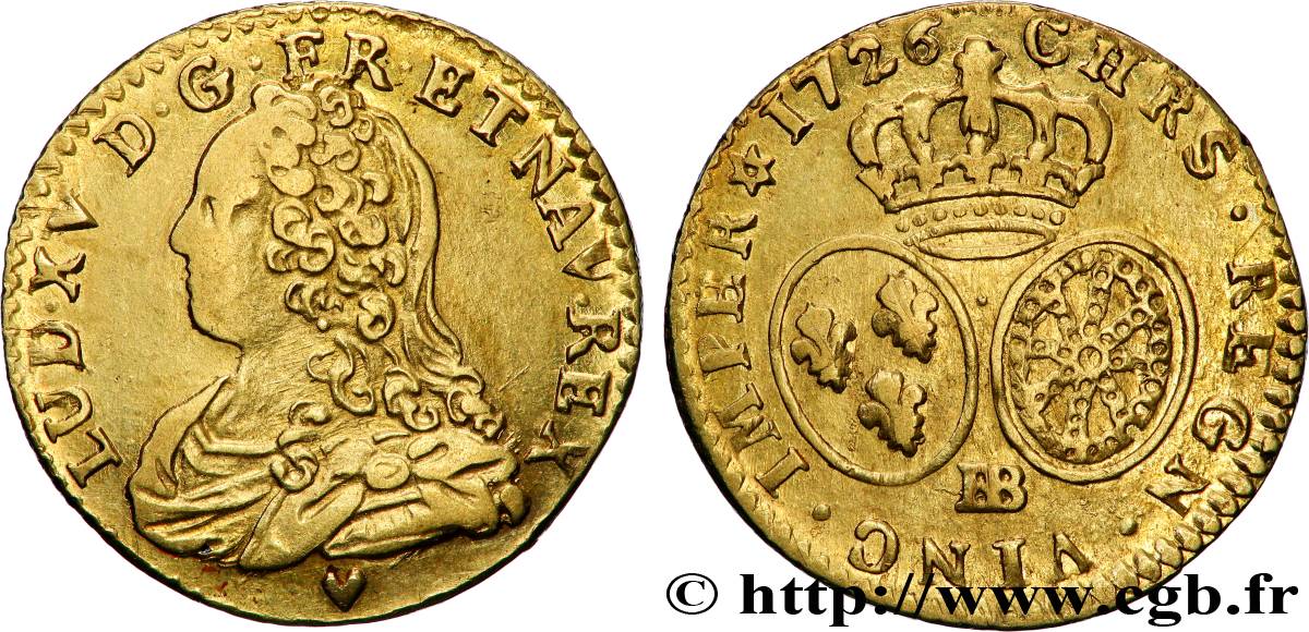 LOUIS XV DIT LE BIEN AIMÉ Demi-louis d&nbsp;or aux écus ovales, buste habillé 1726 Strasbourg TTB