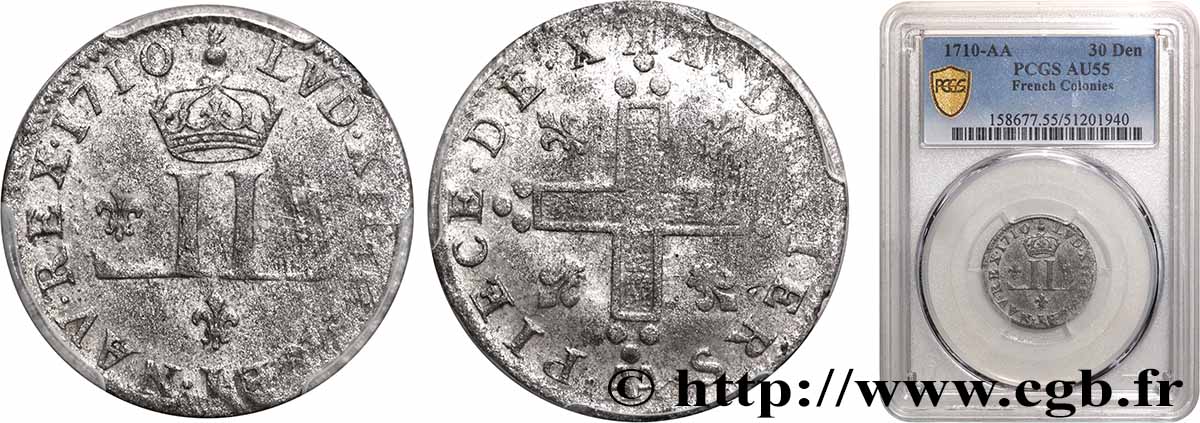 LOUIS XIV  THE SUN KING  XXX deniers aux 2 L couronnées 1710 Metz AU55