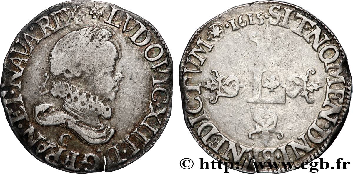 LOUIS XIII LE JUSTE Demi-franc au grand buste lauré et au col fraisé 1615 Saint-Lô TB+