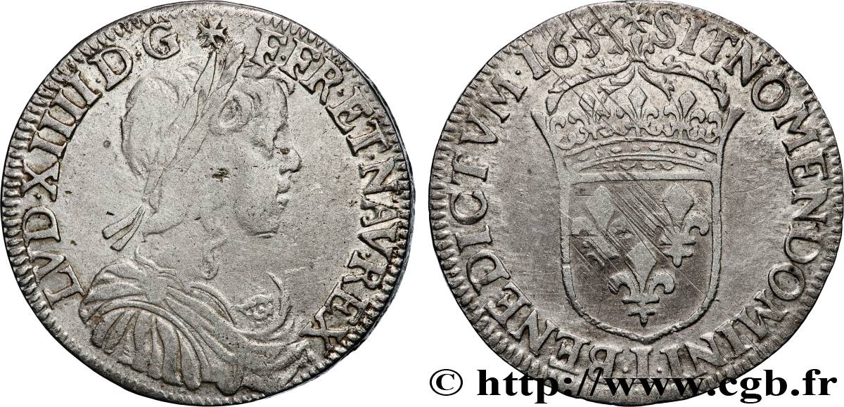 LOUIS XIV  THE SUN KING  Demi-écu, portrait à la mèche longue 1655 Limoges VF/XF