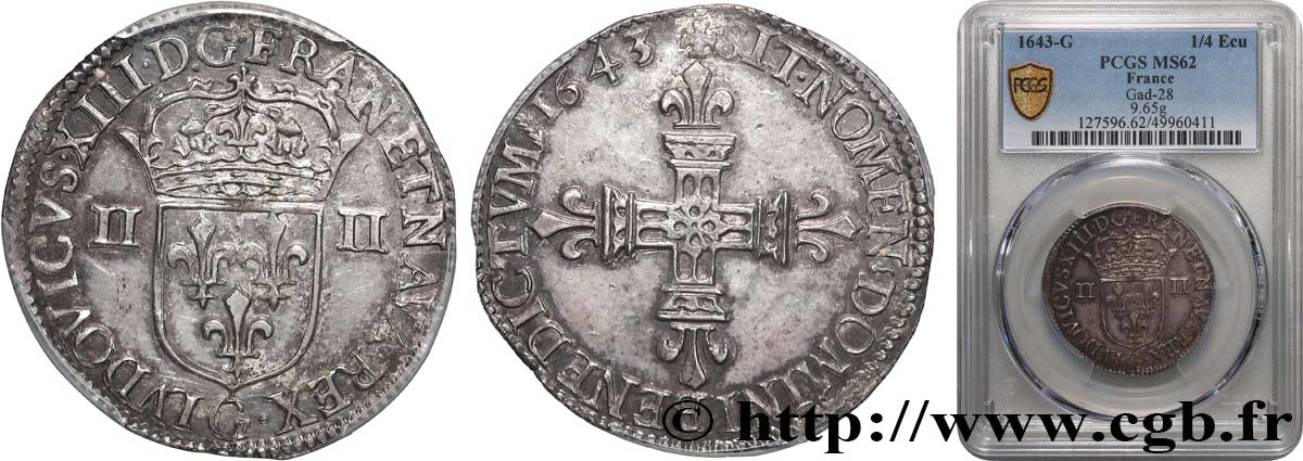 LOUIS XIII LE JUSTE Quart d écu, à la croix fleurdelisée, titulature côté écu 1643 Poitiers SUP62