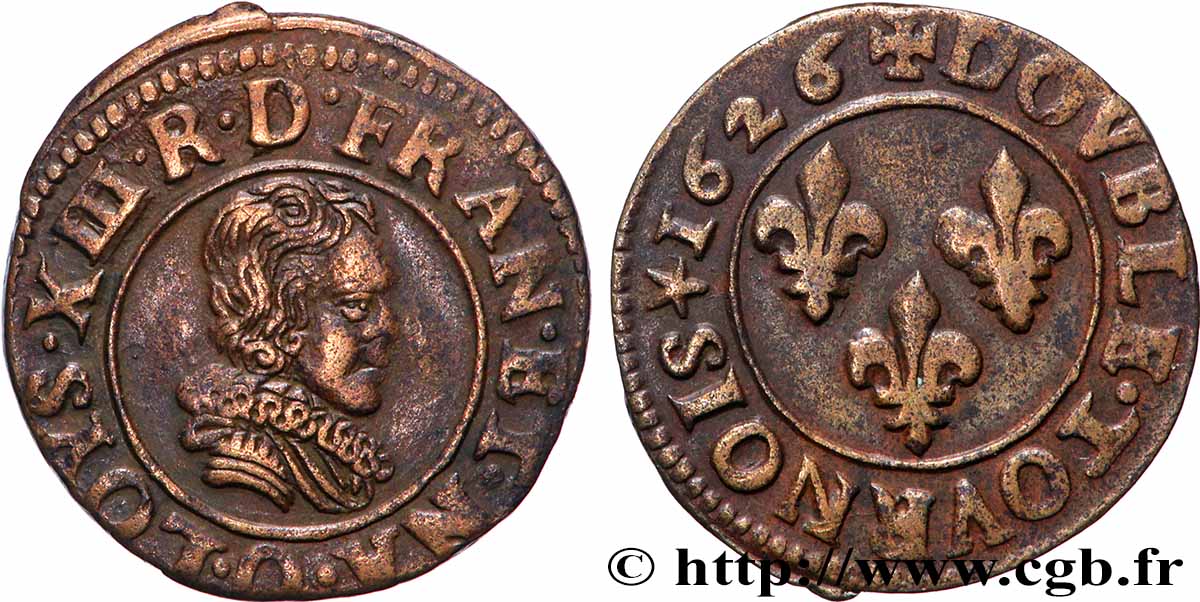 LOUIS XIII Double tournois, petit buste adolescent au col plat de Riom 1626 Riom AU