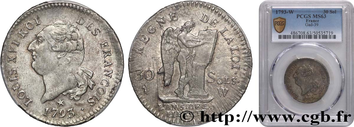 LOUIS XVI (MONARQUE CONSTITUTIONNEL)  30 sols dit  au génie , type FRANCOIS 1793 Lille SPL63