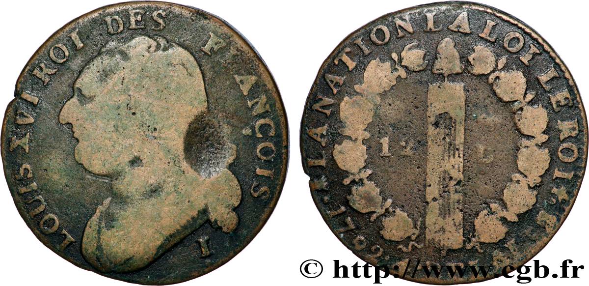 LOUIS XVI (MONARQUE CONSTITUTIONNEL)  12 deniers dit  au faisceau , type FRANÇOIS 1792 Limoges B+