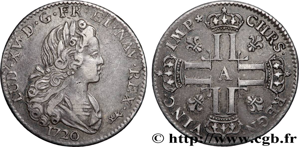 LOUIS XV DIT LE BIEN AIMÉ Louis d’argent à la croix aux huit L couronnées 1720 Paris TTB
