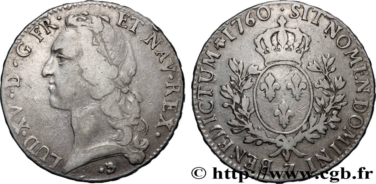 LOUIS XV DIT LE BIEN AIMÉ Écu aux branches d’olivier, tête ceinte d’un bandeau 1760 Grenoble TB+/TTB