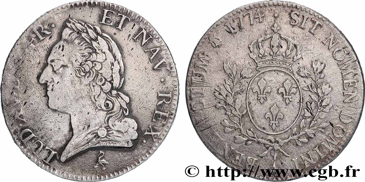 LOUIS XV THE BELOVED Écu aux branches d’olivier, buste lauré 1774 Paris VF/XF