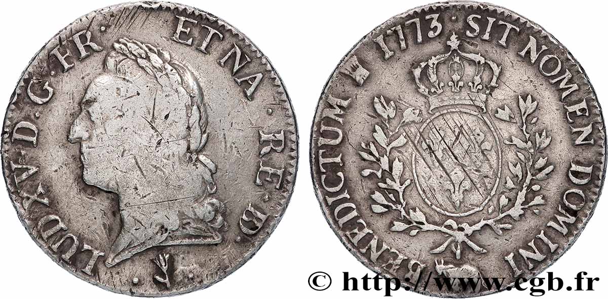 LOUIS XV  THE WELL-BELOVED  Écu aux branches d’olivier, buste lauré 1773 Pau VF