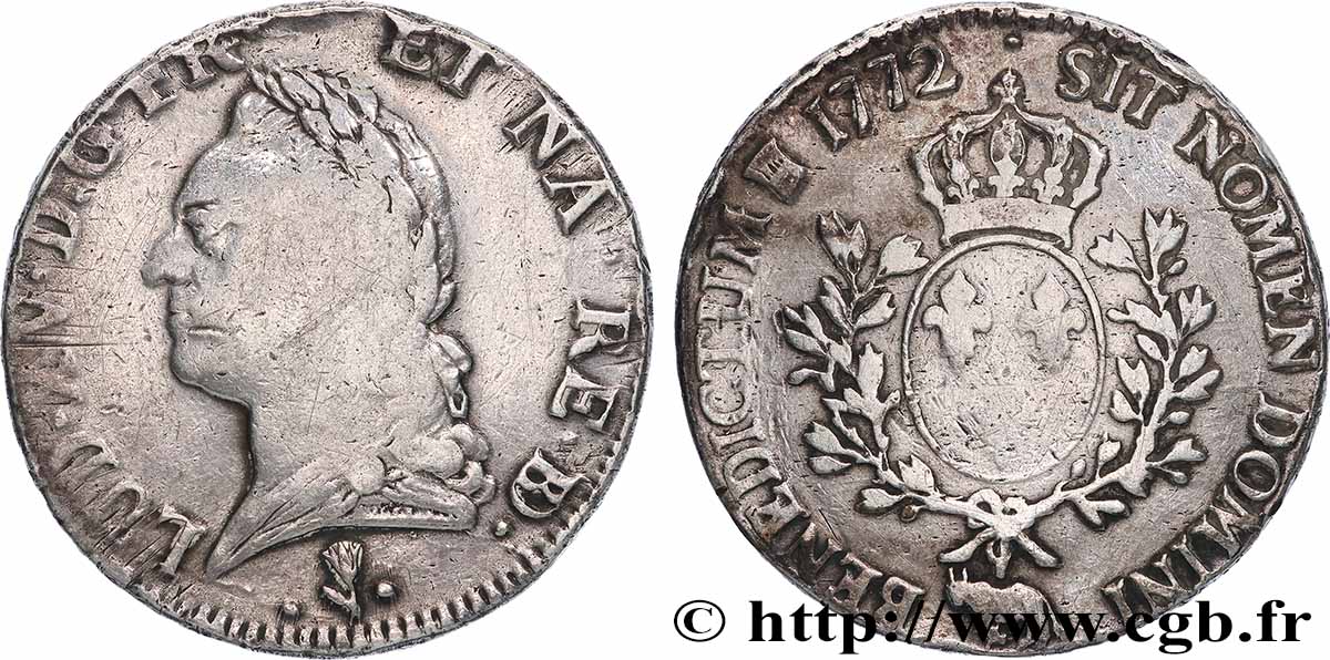 LOUIS XV THE BELOVED Écu aux branches d’olivier, buste lauré 1772 Pau VF