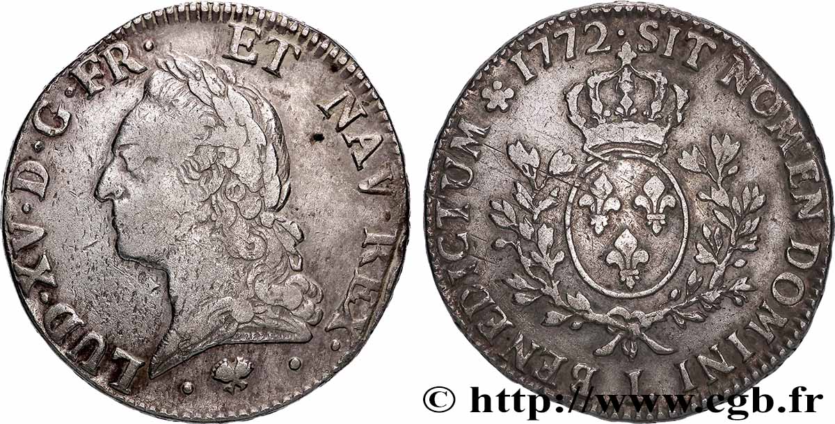 LOUIS XV  THE WELL-BELOVED  Écu aux branches d’olivier, buste lauré 1772 Bayonne VF