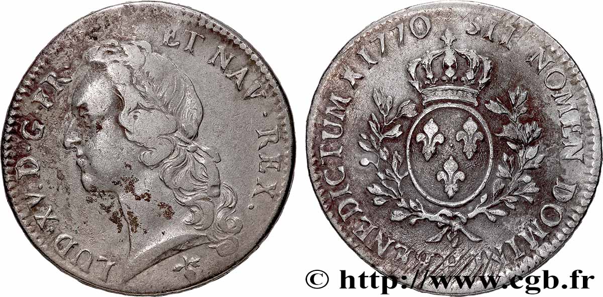 LOUIS XV  THE WELL-BELOVED  Écu aux branches d’olivier, tête ceinte d’un bandeau 1770 La Rochelle XF