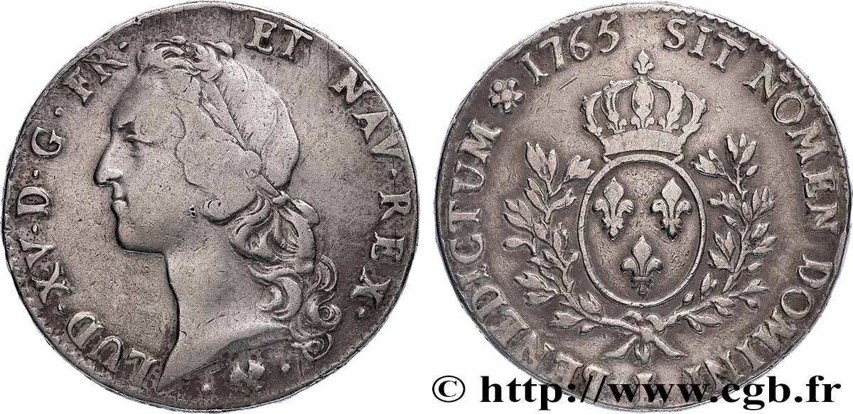 LOUIS XV  THE WELL-BELOVED  Écu aux branches d’olivier, tête ceinte d’un bandeau 1765 Bayonne VF