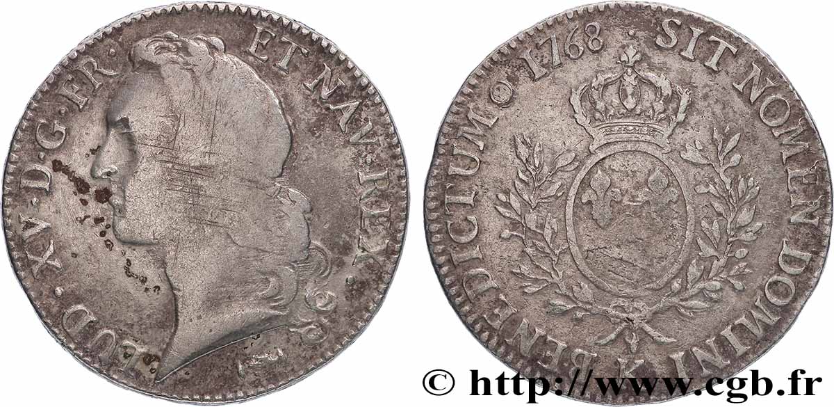 LOUIS XV &nbsp;THE WELL-BELOVED&nbsp; Écu aux branches d’olivier, tête ceinte d’un bandeau 1768 Bordeaux VF