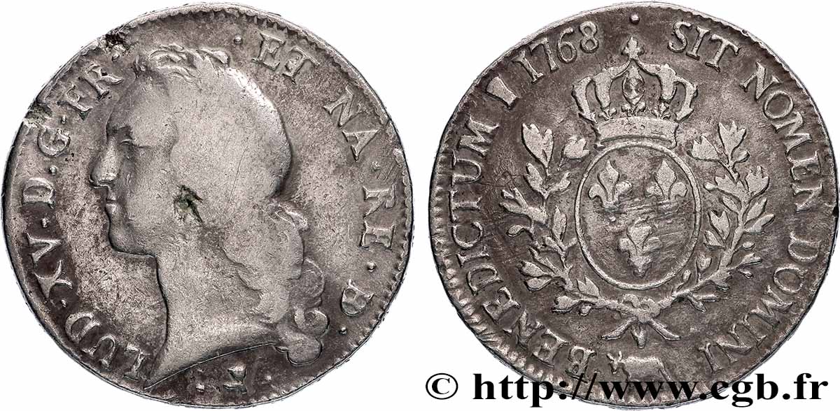 LOUIS XV  THE WELL-BELOVED  Écu aux branches d’olivier, tête ceinte d’un bandeau 1768 Pau VF