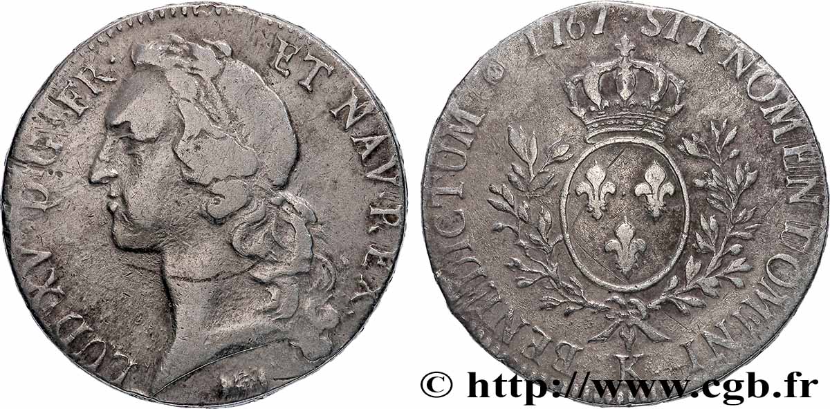 LOUIS XV DIT LE BIEN AIMÉ Écu aux branches d’olivier, tête ceinte d’un bandeau 1767 Bordeaux TB+