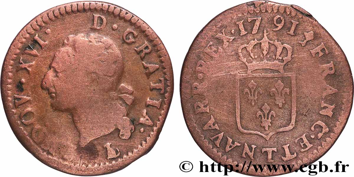 LOUIS XVI Liard dit “à l écu” 1791 Nantes VF