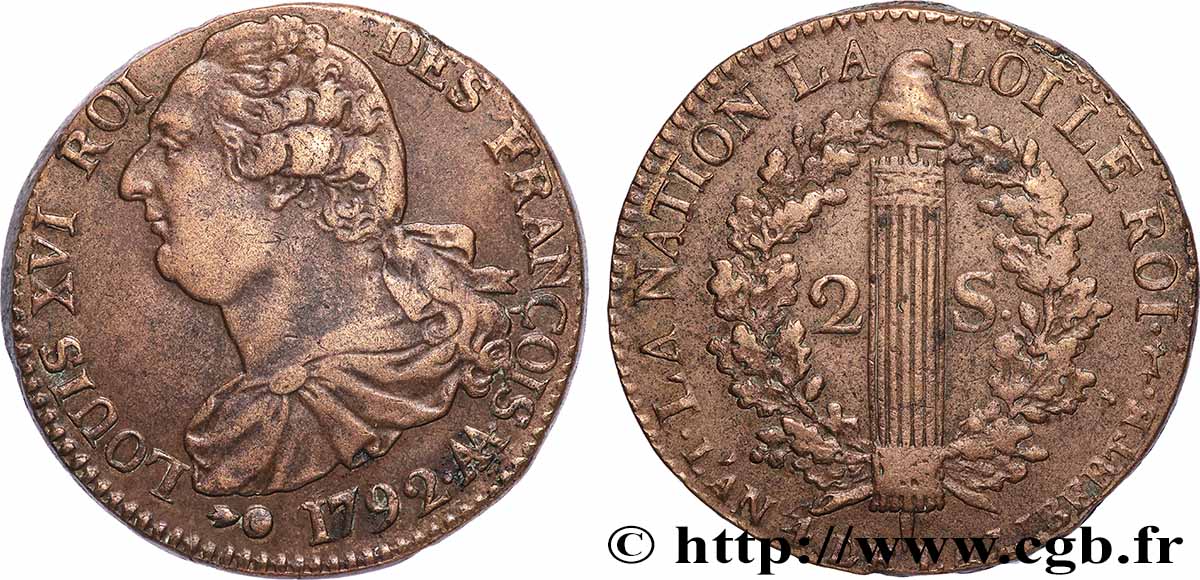 LOUIS XVI 2 sols dit &nbsp;au faisceau&nbsp;, type FRANÇOIS 1792 Metz AU