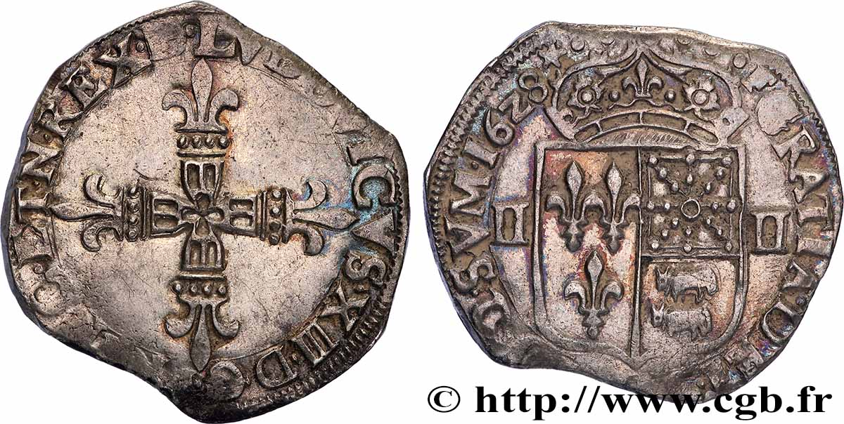 LOUIS XIII LE JUSTE Quart d&nbsp;écu de Béarn 1628 Morlaàs TTB