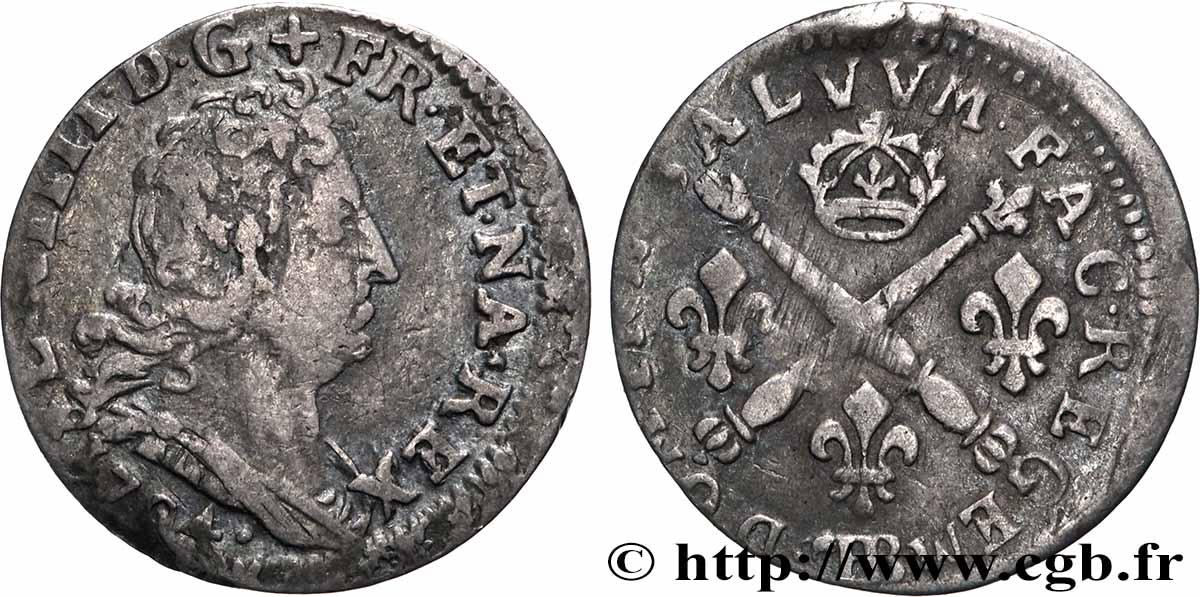 LOUIS XIV LE GRAND OU LE ROI SOLEIL Cinq sols aux insignes 1704 Strasbourg TTB