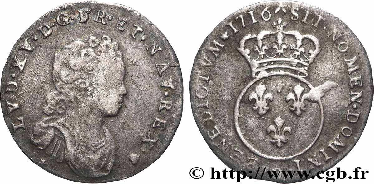 LOUIS XV DIT LE BIEN AIMÉ Dixième d écu dit “vertugadin” 1716 Perpignan TB+