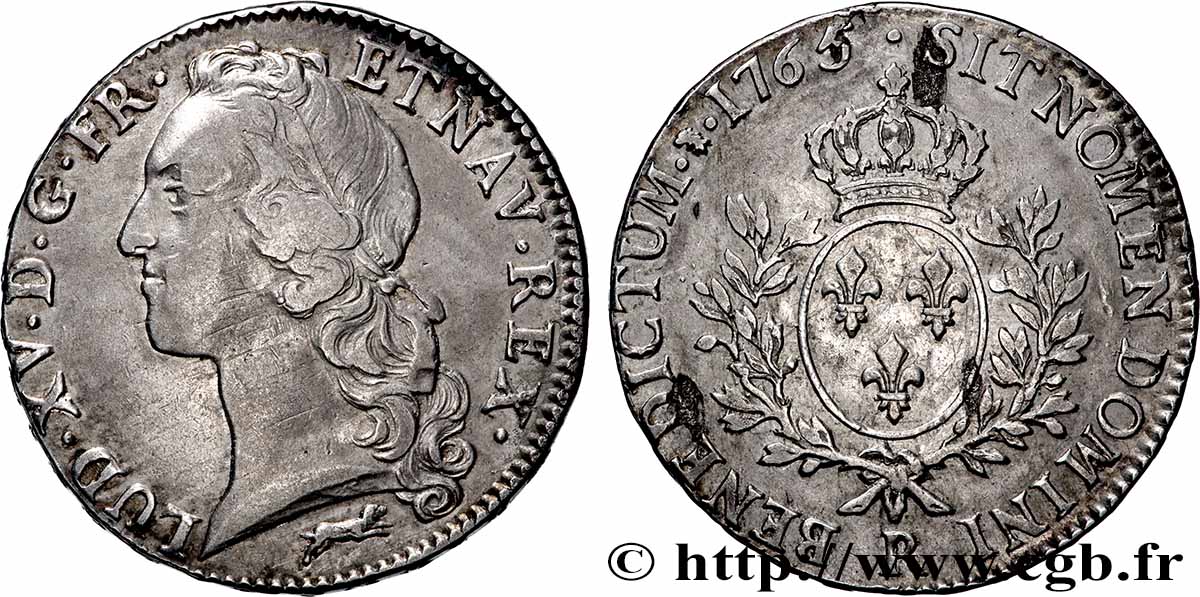 LOUIS XV DIT LE BIEN AIMÉ Écu aux branches d’olivier, tête ceinte d’un bandeau 1765 Orléans TTB