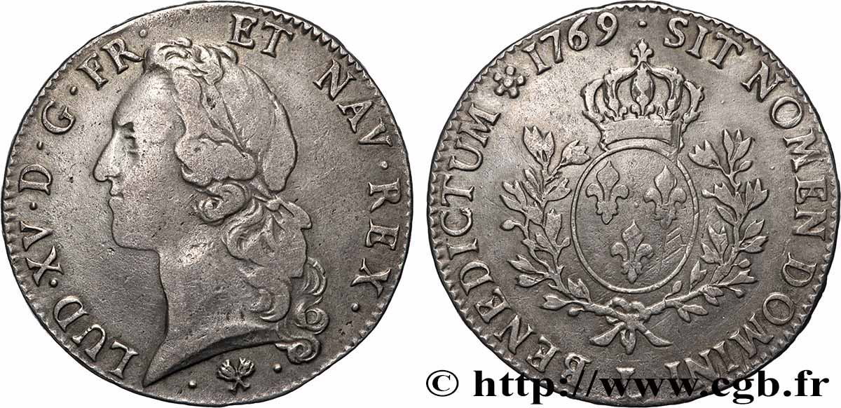 LOUIS XV DIT LE BIEN AIMÉ Écu aux branches d’olivier, tête ceinte d’un bandeau 1769 Bayonne TTB