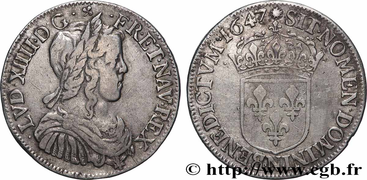 LOUIS XIV LE GRAND OU LE ROI SOLEIL Demi-écu, portrait à la mèche longue 1647 Montpellier TB+